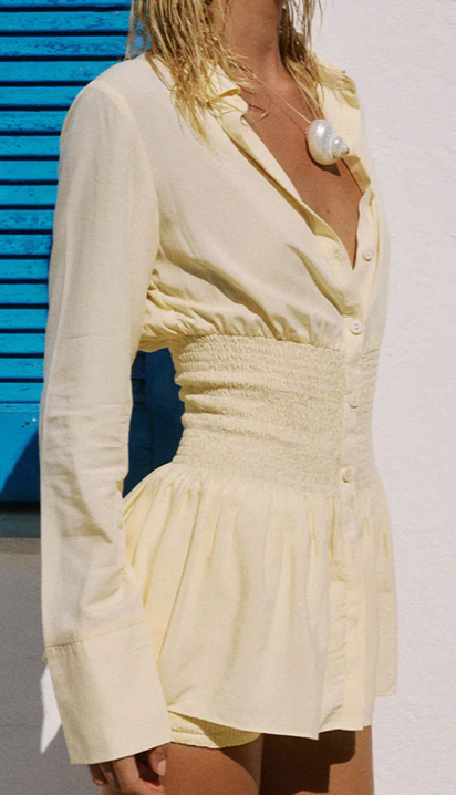 ADORA LONG SLEEVE SHIRRED SHIRT - LEMON