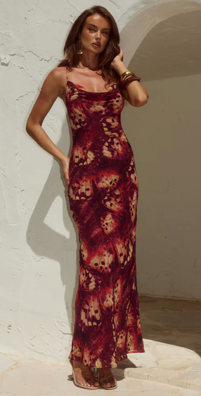 BENITO COWL CROSS BACK MAXI DRESS - ELIANA RED