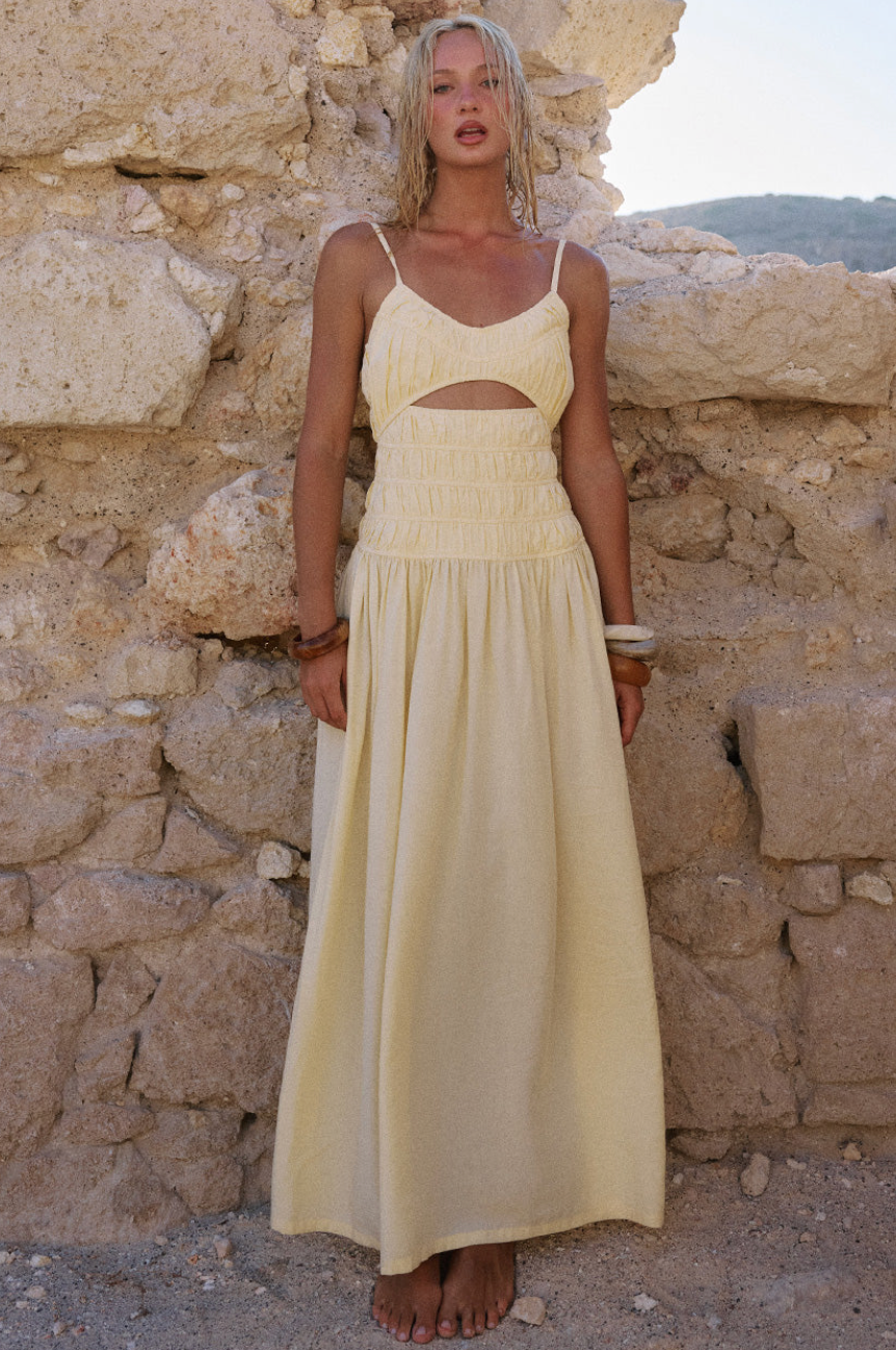 ADORA STRAPPY SHIRRED MAXI DRESS - LEMON