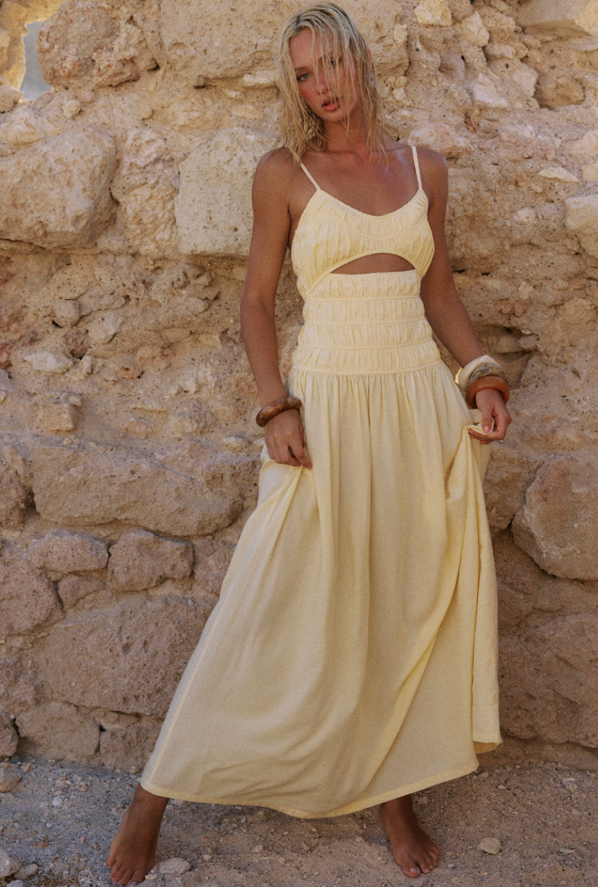 ADORA STRAPPY SHIRRED MAXI DRESS - LEMON